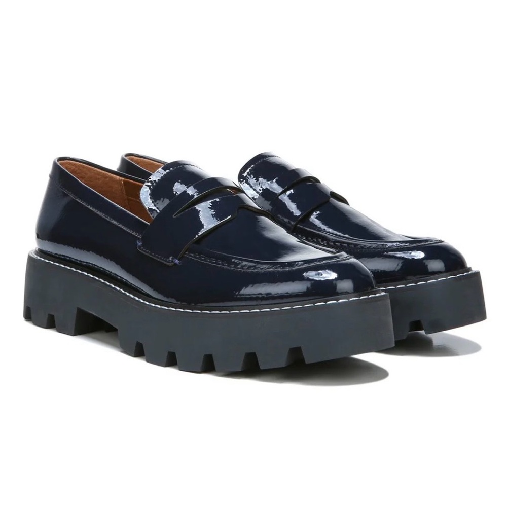 Franco Sarto Patent Navy Lug Sole Chunky Loafers